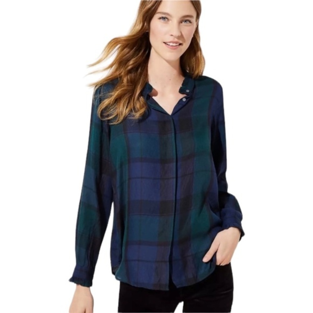 LOFT Women’s Green Blue Tartan Plaid Blouse Button Up Long Sleeve Ruffle Small